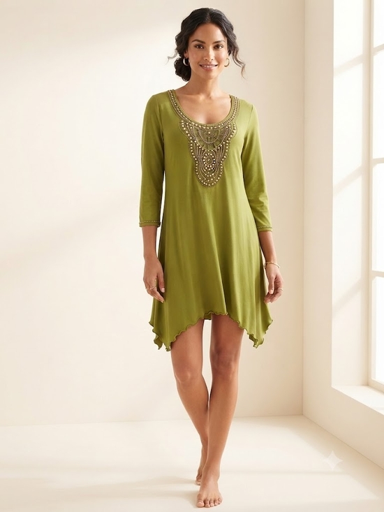 Joyous & Free Dresses & Skirts - Women's Embellished Beaded Scoop Neck Tunic Summer Dress Olive Green Gold Medium